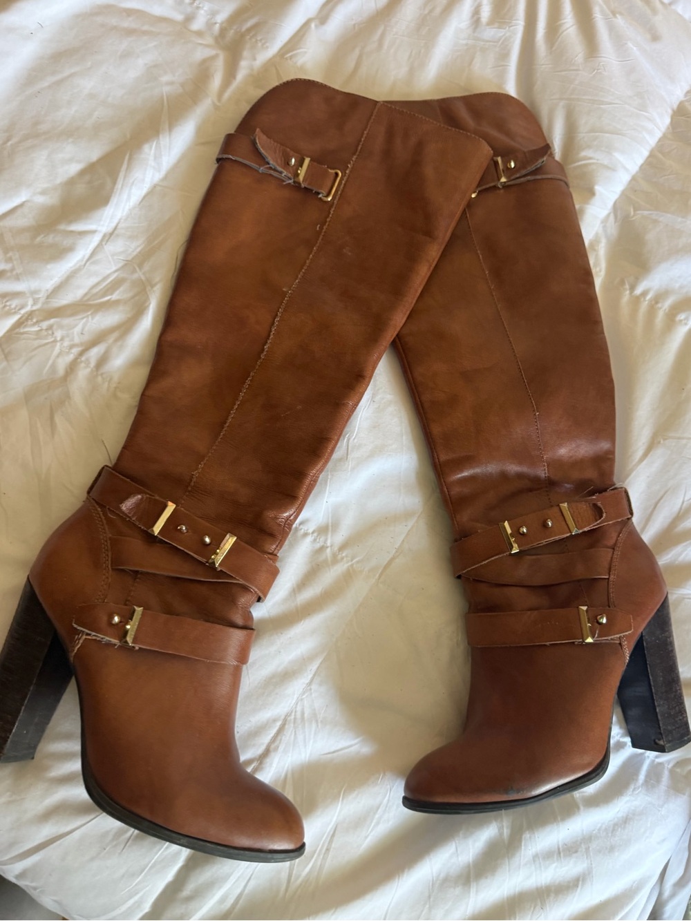 ALDO Tall Leather Riding Boots with Buckle Detail - cognac